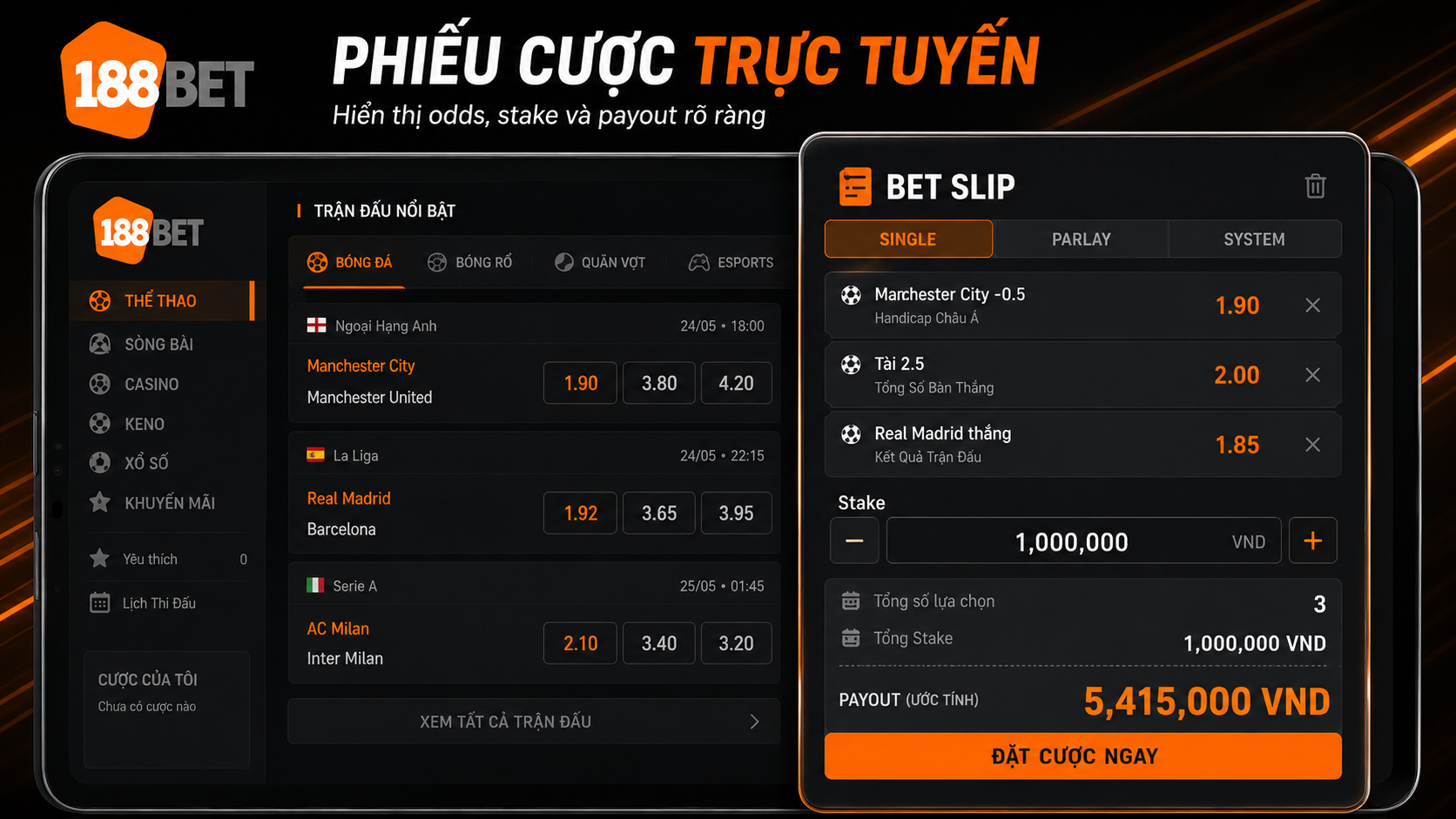Bet slip hiển thị tiền cược và tỷ lệ odds trong cá cược trực tuyến